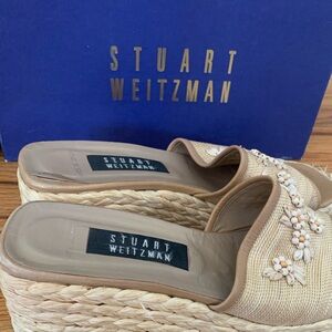 Stuart Weitzman Winwood caramel Straw Beige Floral Embellished Espadrille Mules